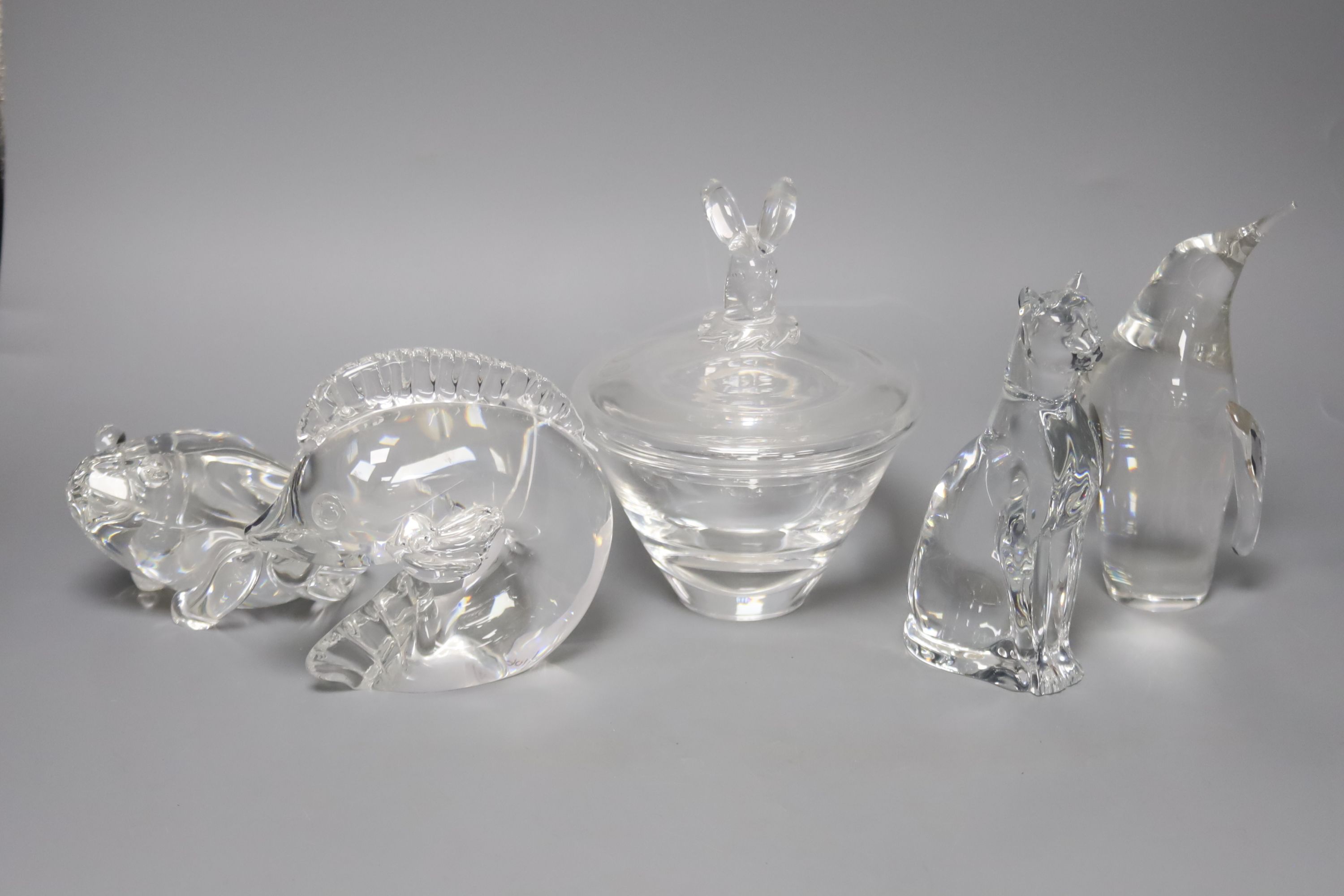 Three Steuben heavy moulded glass animals (penguin, frog and dolphin) and two other items,